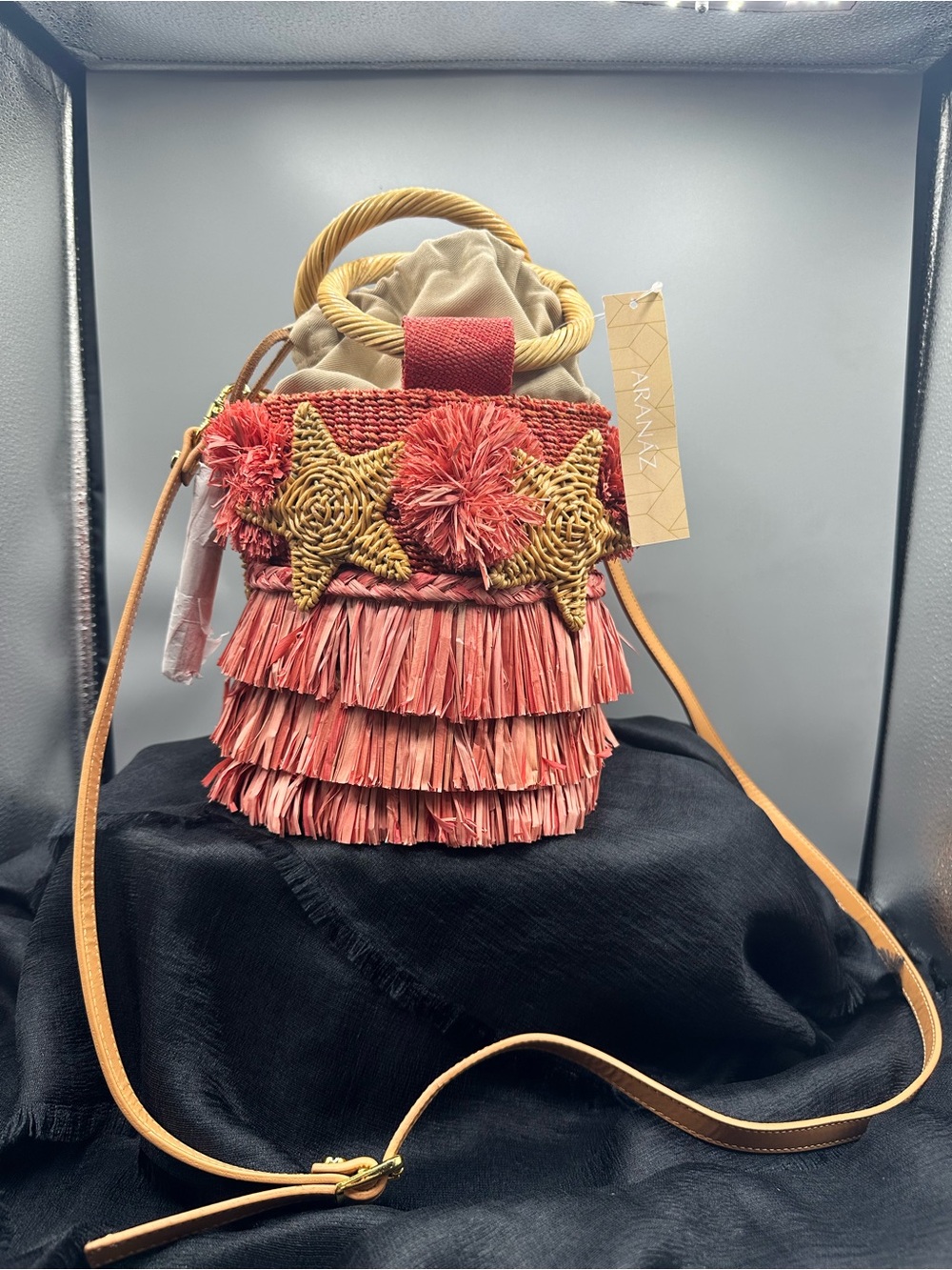 Handwoven Fringe Star Bucket Crossbody Bag - Coral Pink - Picture 2 of 2